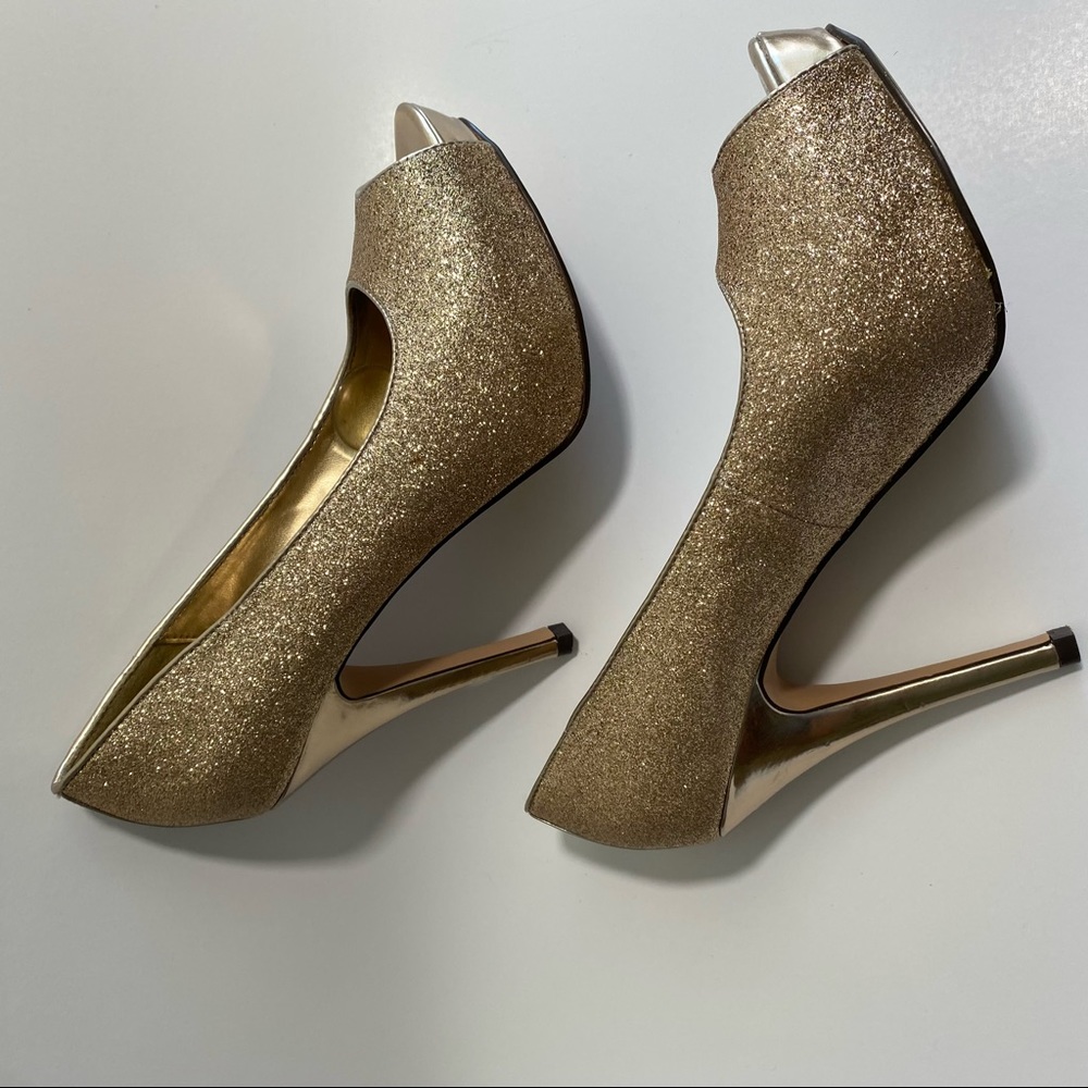 Gold Glittery Stiletto Jacqueline Ferrar Open Toe Heels Sz 7